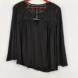 Lucky Brand Top Women Small Black Peasant Lace Crochet Linen-Modal Blouse Flowy